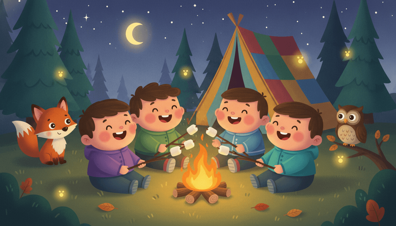 Happy little kids roasting marshmallows around a cozy crackling campfire beside a tent under a starry twilight sky in an AI-generated camping story