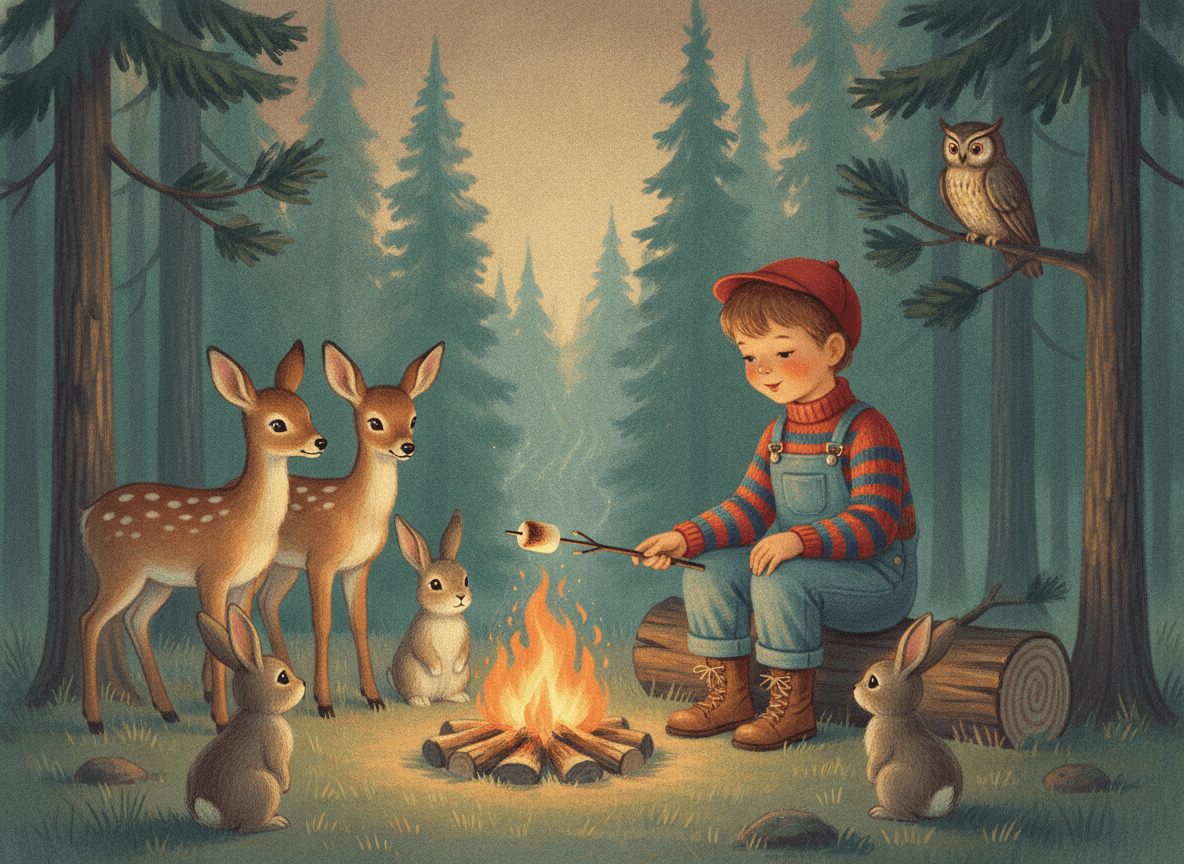 Classic storybook style illustration of a sweet little camper toasting a marshmallow while friendly deer and rabbits gather