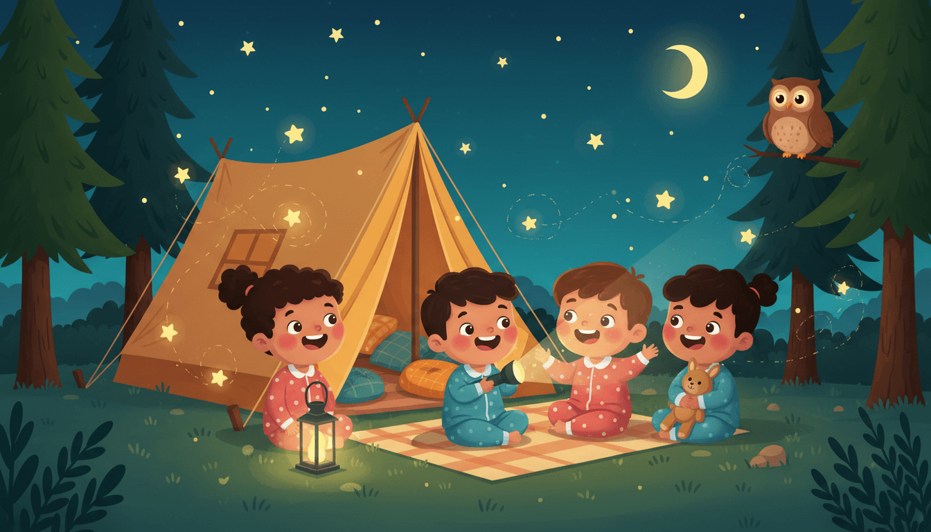 A group of happy little friends telling stories by flashlight outside a warmly glowing tent at night with fireflies and an owl