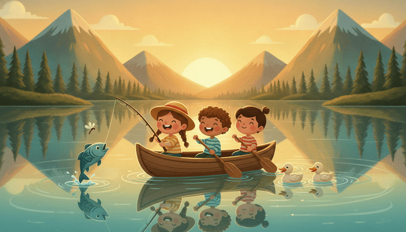 Happy little kids paddling a canoe and fishing on a calm lake at golden hour with ducks and pine-covered mountains reflected