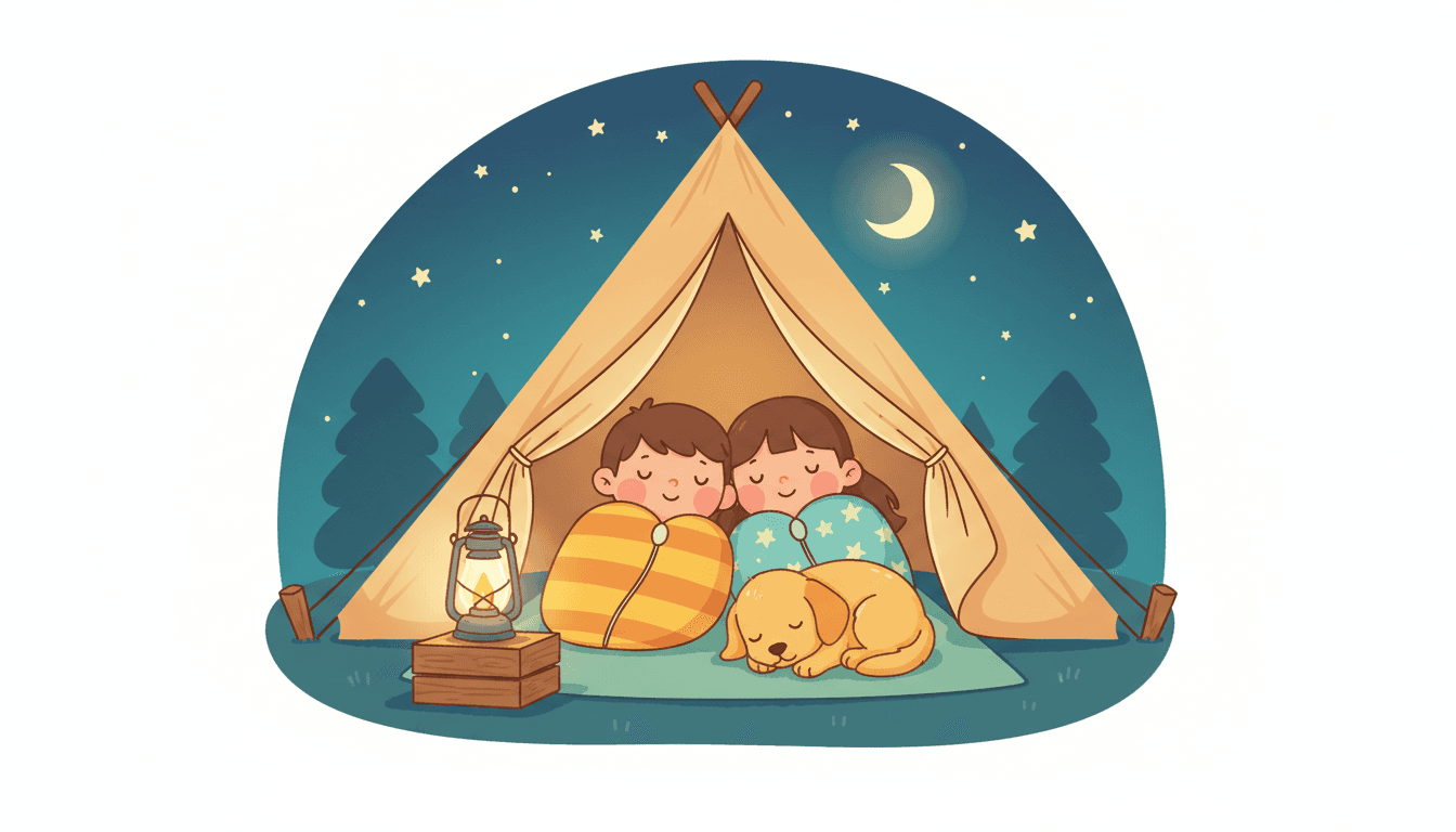 Sweet little campers cozily tucked into sleeping bags inside a softly glowing tent at night with a crescent moon in the open flap