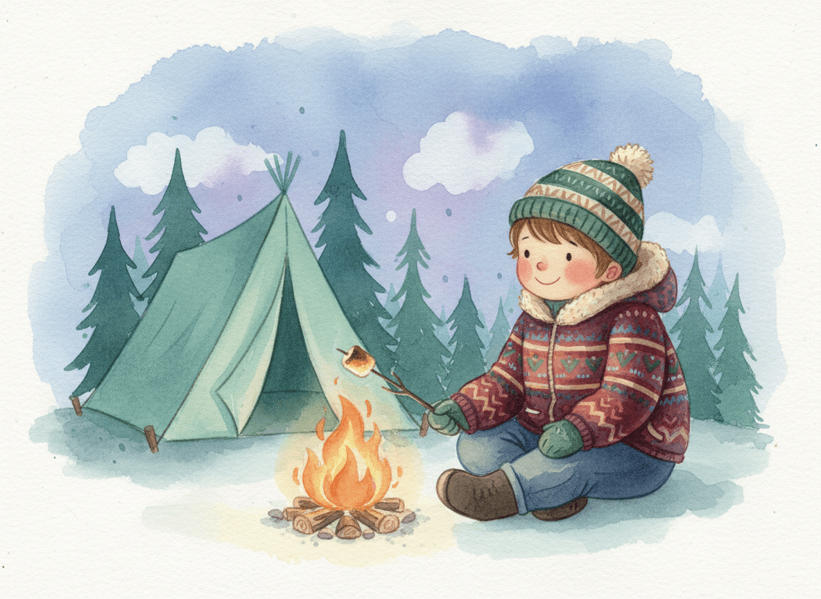 Watercolor style camping story illustration of a gentle little camper by a small campfire holding a marshmallow stick