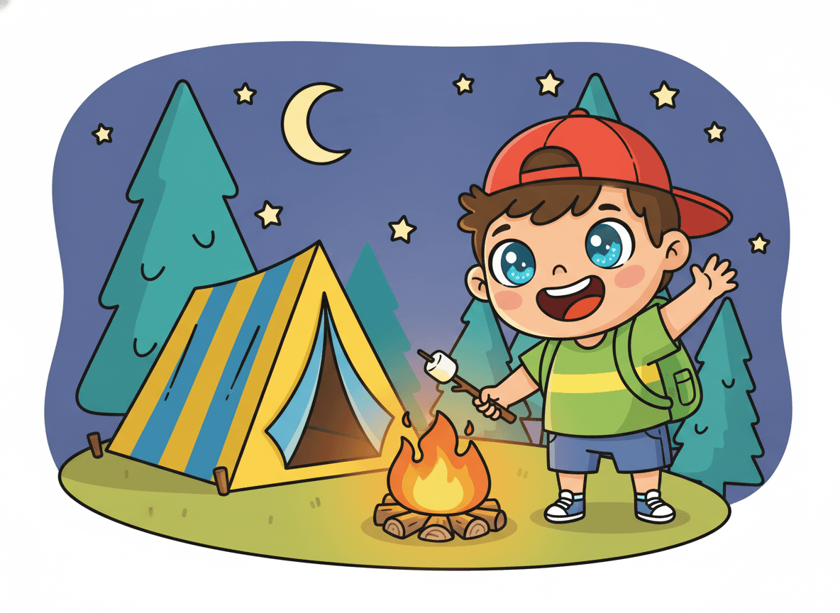 Cartoon style camping story illustration of a happy little camper with a backpack waving beside a glowing campfire and tent