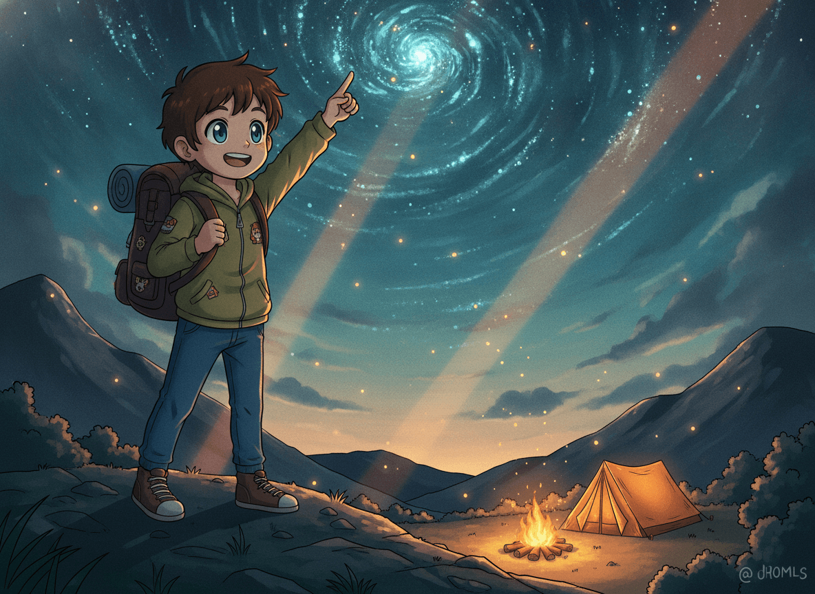 Anime style camping story illustration of an adventurous child camper pointing toward the stars from a hilltop at dusk