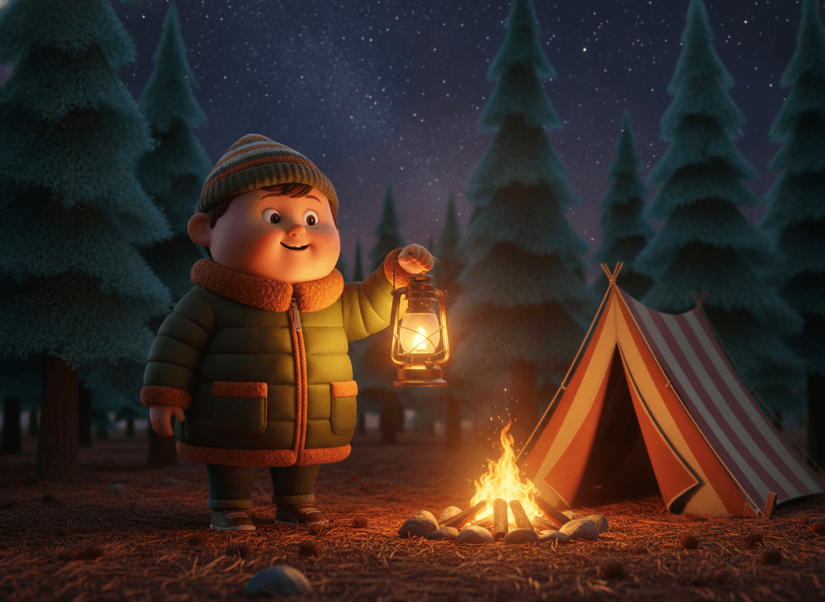Cinematic 3D style camping story illustration of an adorable little camper holding a glowing lantern beside a campfire and tent