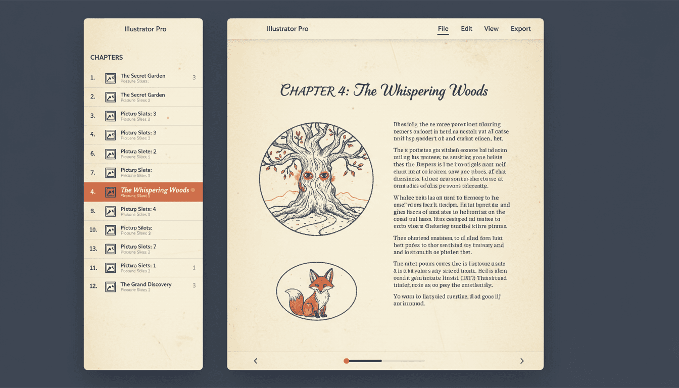 Chapter book illustrator panel listing twelve chapters with their picture counts beside an open chapter whose page is mostly typeset prose with one pen-and-ink spot illustration