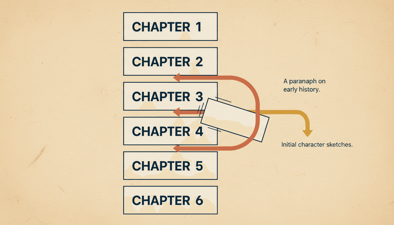 A manuscript restructuring diagram with a new chapter card sliding into the gap between two widely numbered chapters while the neighbours stay untouched