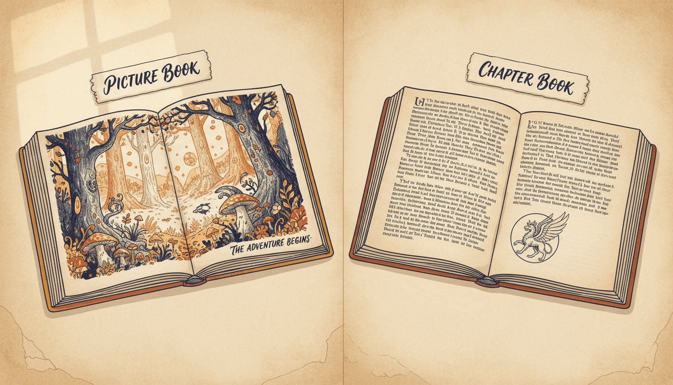 A picture book spread with art filling the whole double page beside a chapter book spread that is mostly typeset prose with one small pen-and-ink drawing