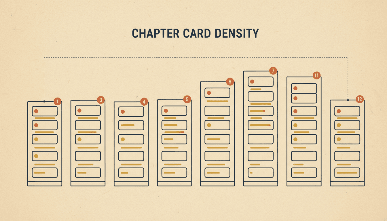 An illustration-density diagram showing twelve chapter cards each holding a different number of picture slots under a shared dotted ceiling line