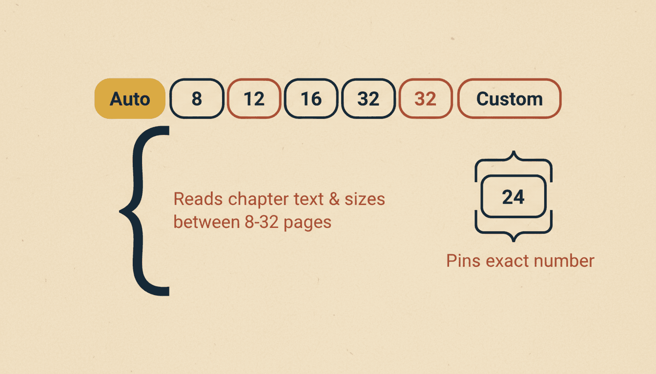 A pages-per-chapter control showing selector pills for Auto, 8, 12, 16, 32 and Custom, with Auto highlighted and a bracket explaining each behaviour