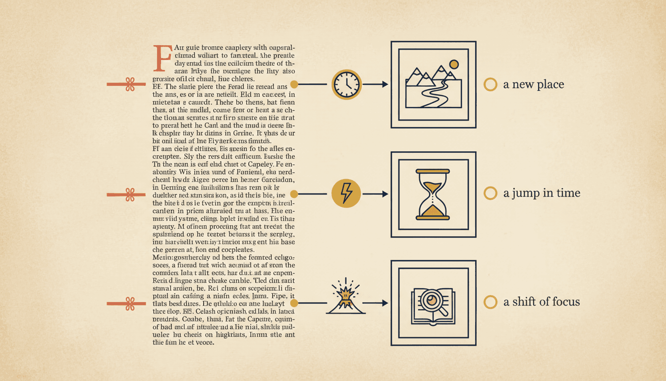 A scene-boundary diagram with four cut marks on a column of chapter prose, labelled a new place, a jump in time, a new event and a shift of focus