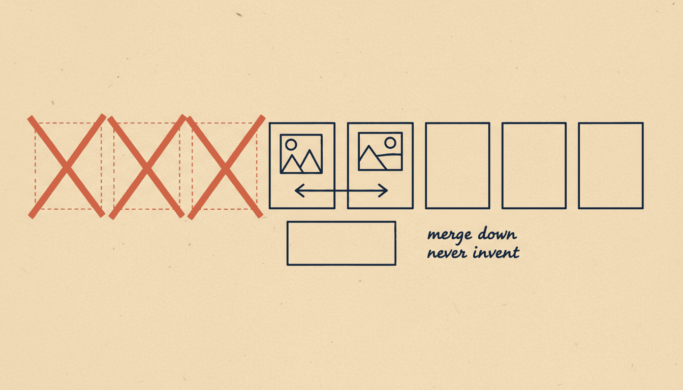 A no-padding diagram with phantom empty picture slots crossed out and two adjacent slots merging into one
