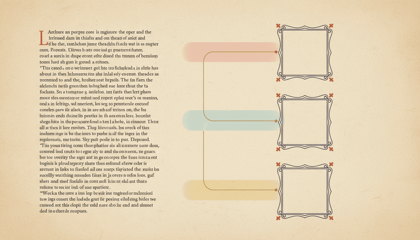 A text-anchoring diagram with four highlighted paragraphs of chapter prose each joined by a thread to its own illustration frame