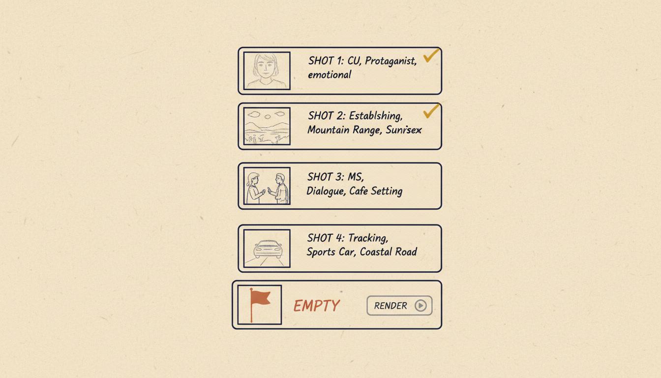 An illustration-brief diagram with five shot cards, four carrying written briefs and ticked, one flagged empty beside a greyed-out render button