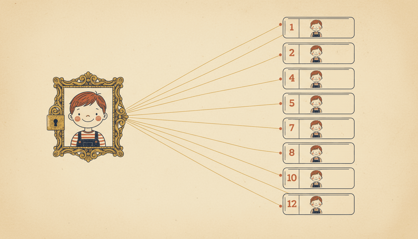 A cast-continuity diagram with a padlocked character reference portrait joined by threads to twelve numbered chapter tabs each showing the same child