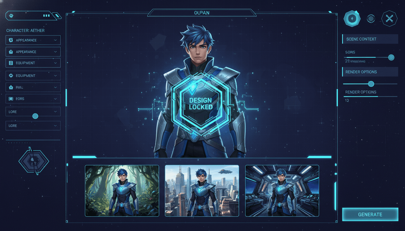 AI character consistency tool interface showing one locked hero rendered identically across multiple scene thumbnails
