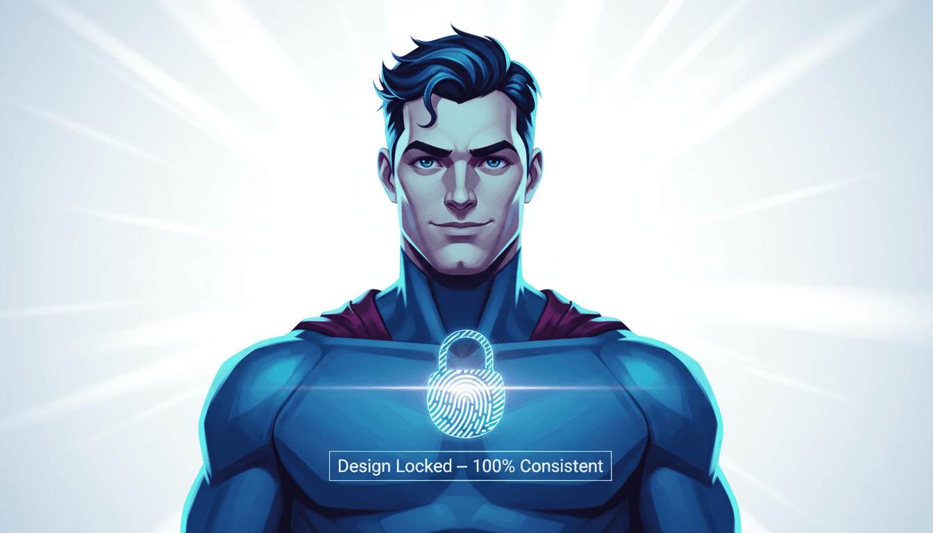A character portrait with a glowing lock and fingerprint icon labeled design locked, 100% consistent