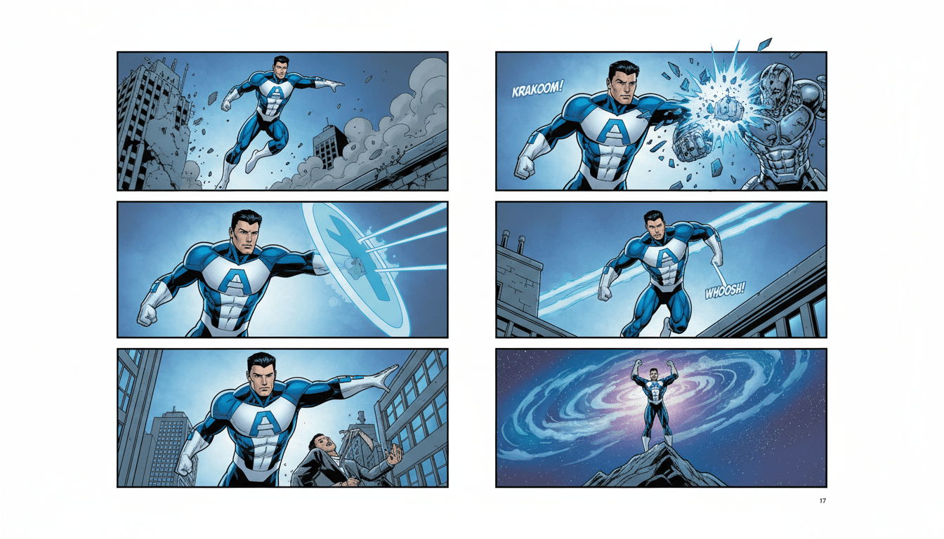 A comic page where the same hero stays perfectly identical from panel to panel