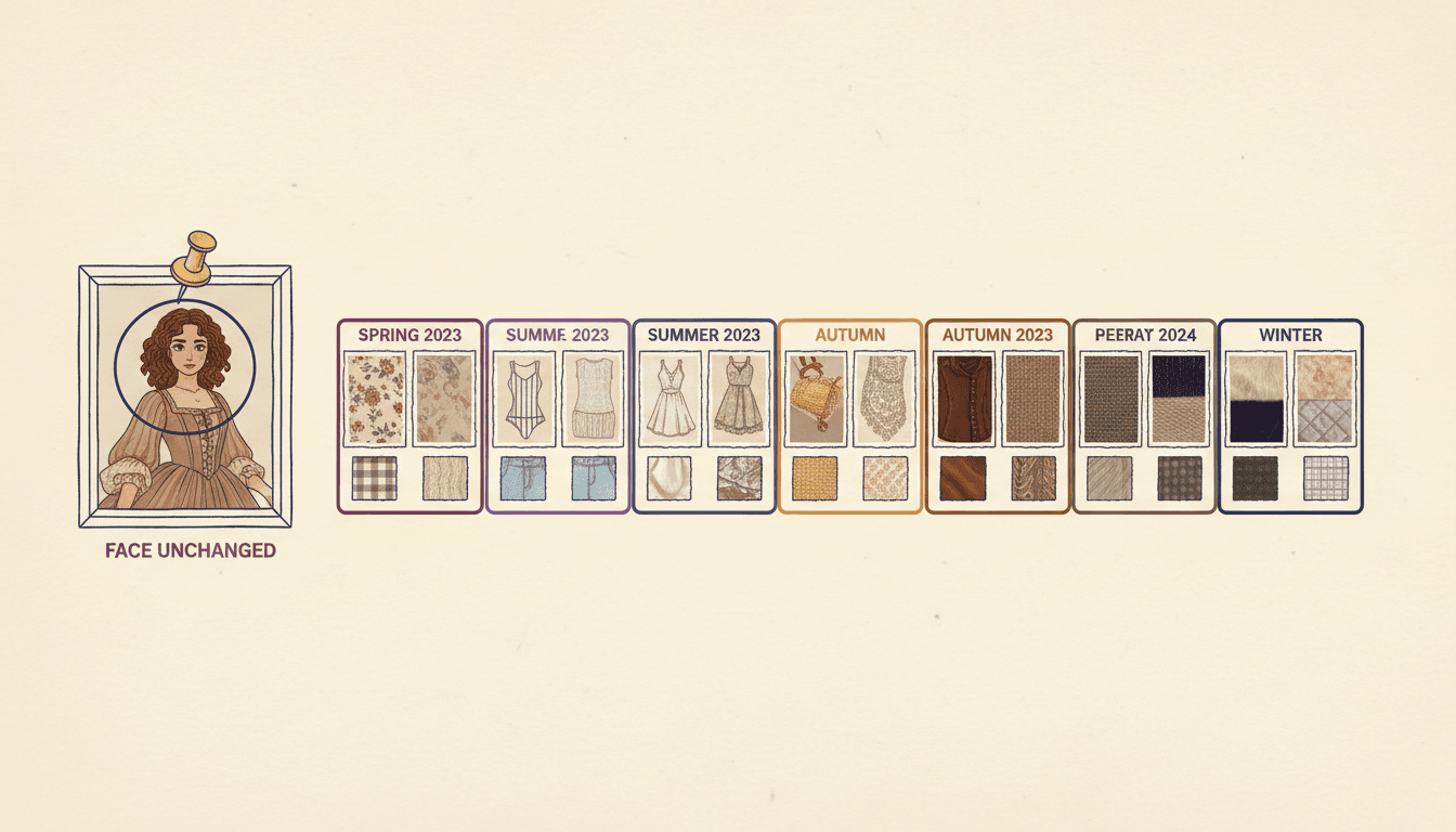 Character wardrobe timeline panel showing twenty-four storybook pages grouped into dated time segments, each page with its outfit swatch and the character's face pinned to one locked reference portrait