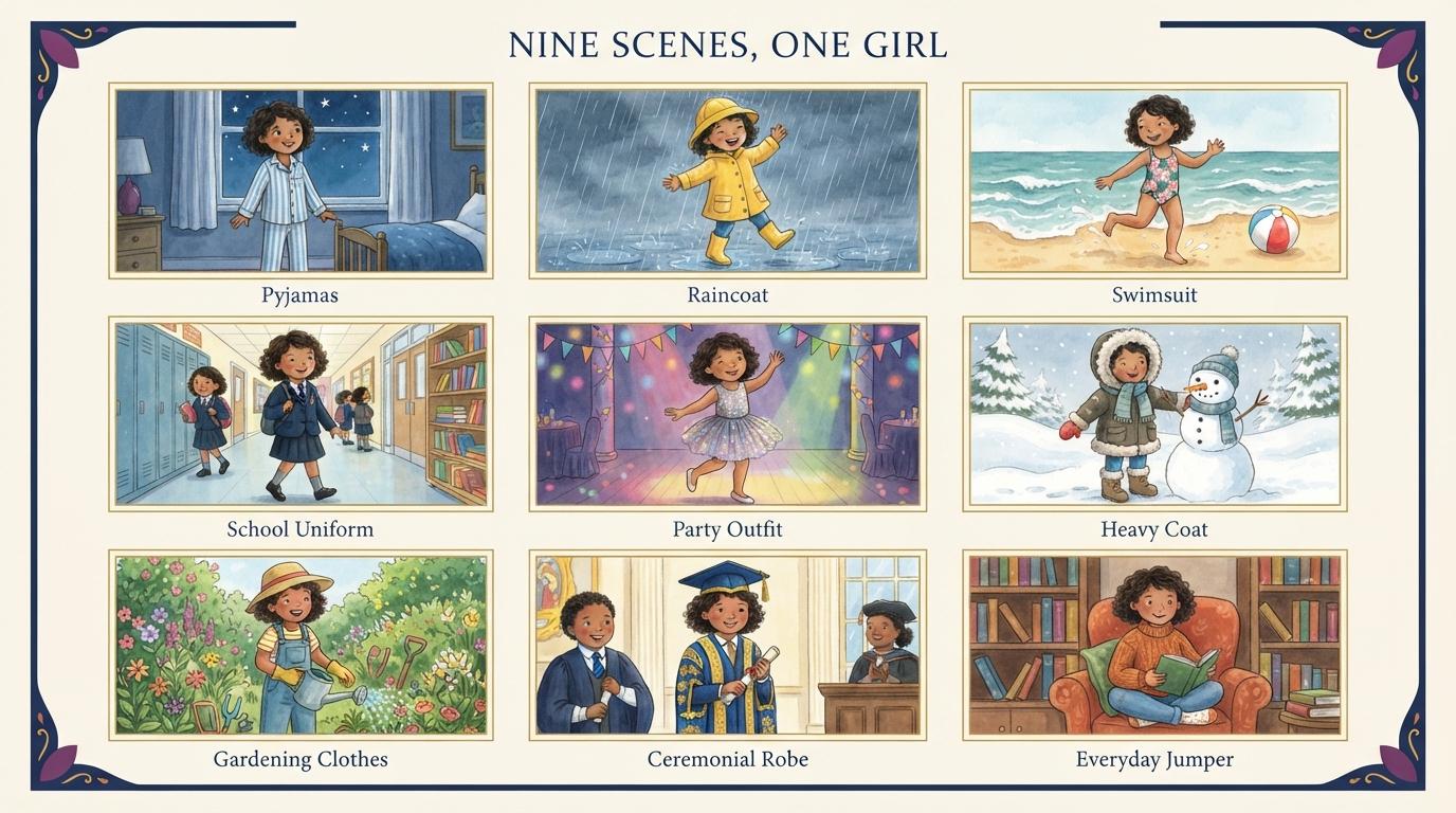 Nine storybook outfit changes for one character shown as a gallery grid with the face identical in all nine