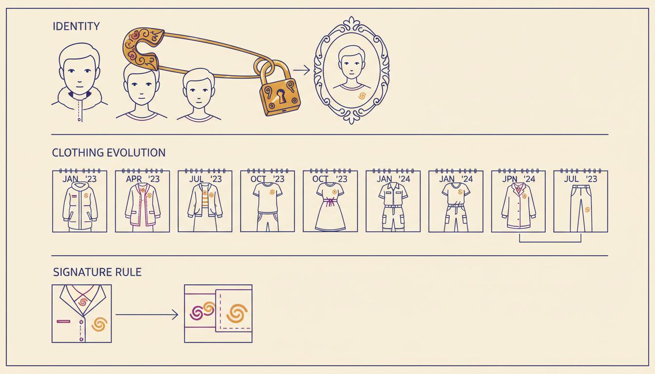 A three-lane continuity diagram: a padlocked identity, clothing changing along dated calendar squares, and a signature dressing rule repeating in every outfit