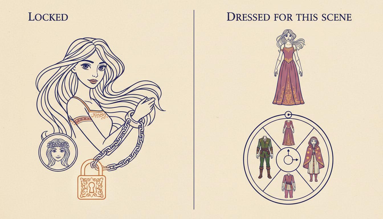 A split diagram: the left half shows a character's face padlocked to a reference portrait, the right half shows the same body cycling through three different outfits on a dial