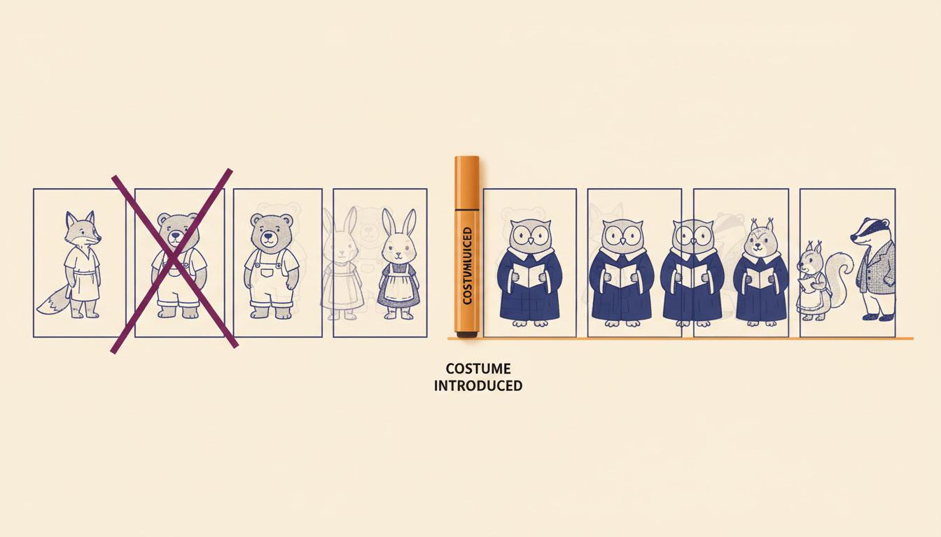 A no-costume-backfill diagram where pages one to six show an animal in its everyday look and page seven introduces a choir robe, with ghost robes on the earlier pages crossed out