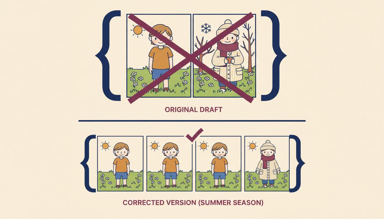 A one-season-per-chapter diagram showing a short-sleeved page beside a heavy-coat page struck through, and a corrected row where every page shares one season