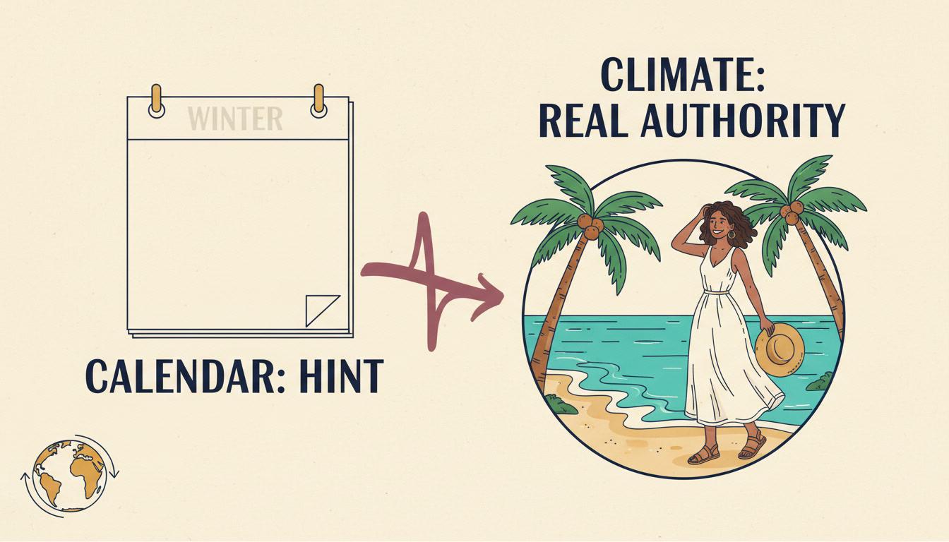 A climate-over-calendar diagram connecting a winter calendar page to a tropical beach scene where the character wears light summer clothing