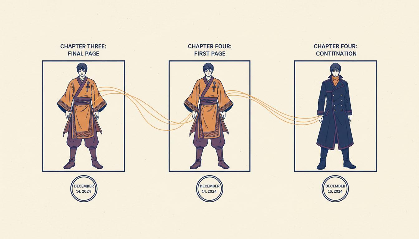A cross-chapter continuity diagram carrying an outfit from the last page of chapter three into the first page of chapter four on the same date, then changing it when the date advances
