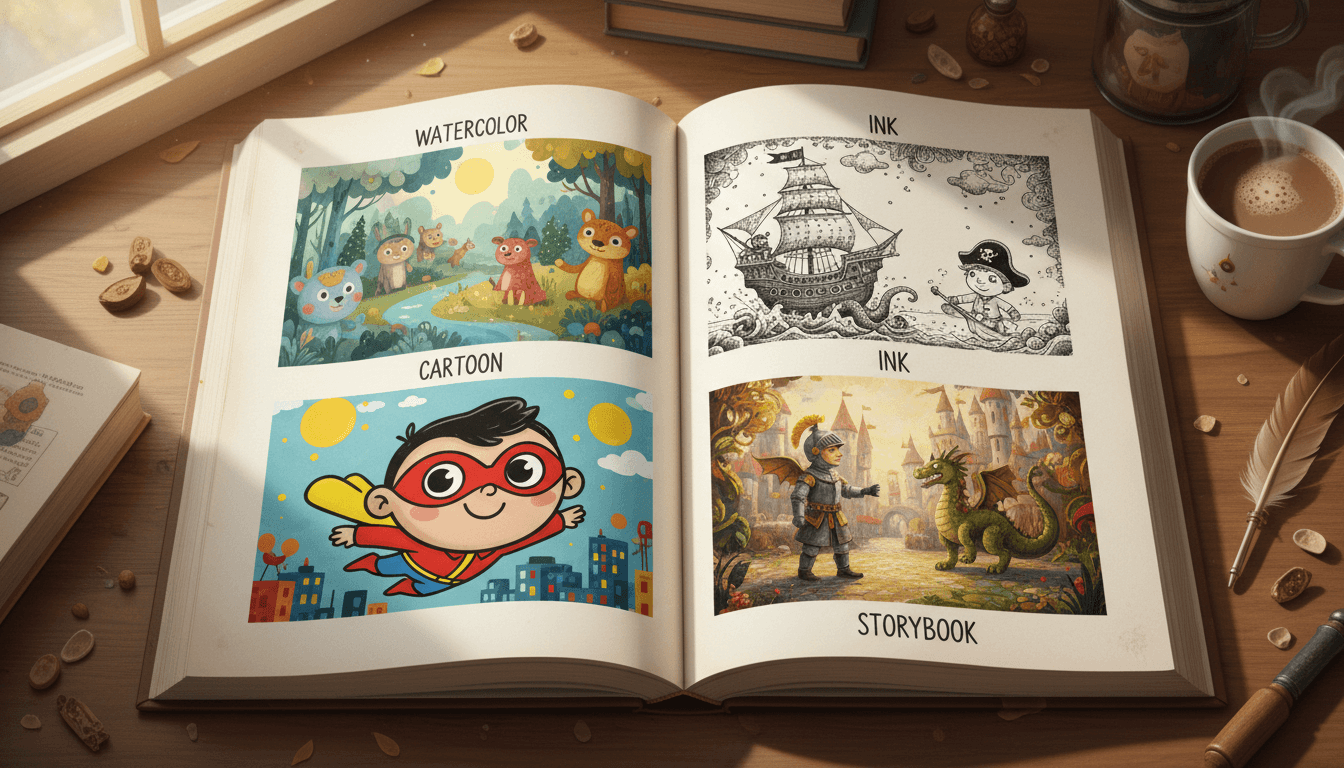 Children's book illustration styles side by side — watercolor, cartoon, ink, storybook