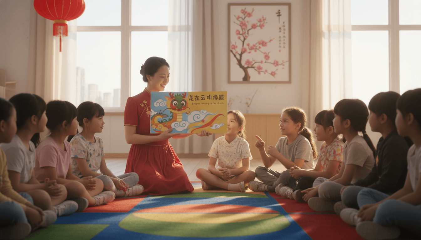 A Chinese-language teacher holding up a printed Chinese-English bilingual picture book to a half-circle of attentive students — the open page shows a cartoon dragon dancing through clouds with simplified Chinese characters and English subtitles