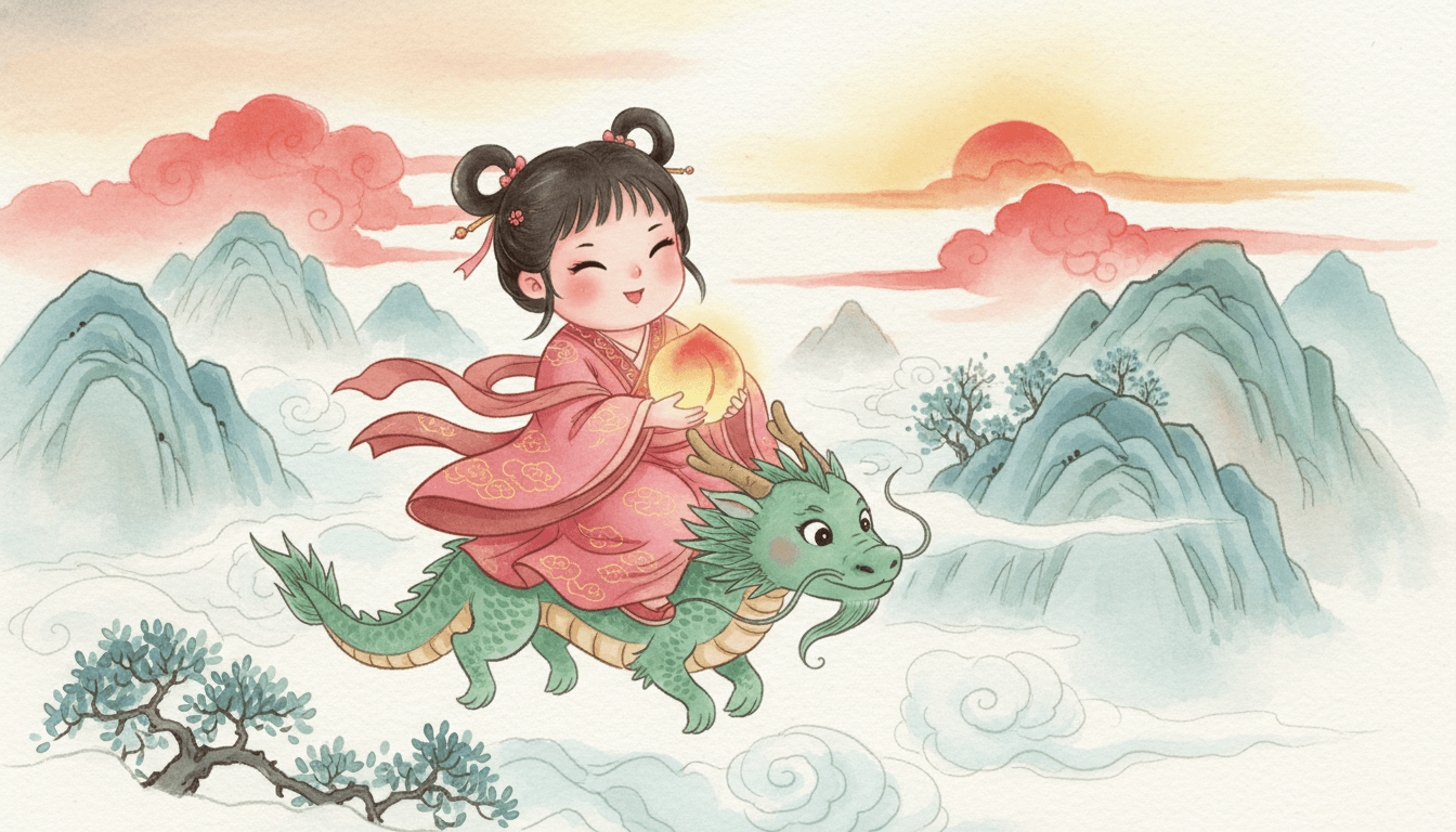 Children picture book illustration in soft Chinese ink-wash watercolor style: a young xianxia girl in pink hanfu robes riding a small jade dragon through misty mountains
