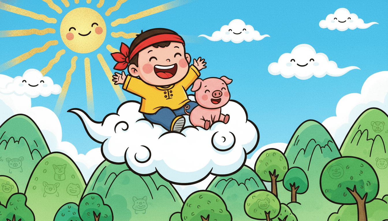 Children picture book illustration in bright cartoon style: a brave round-faced little Monkey King hero with red headband and gold staff on a sunny cloud over green mountains