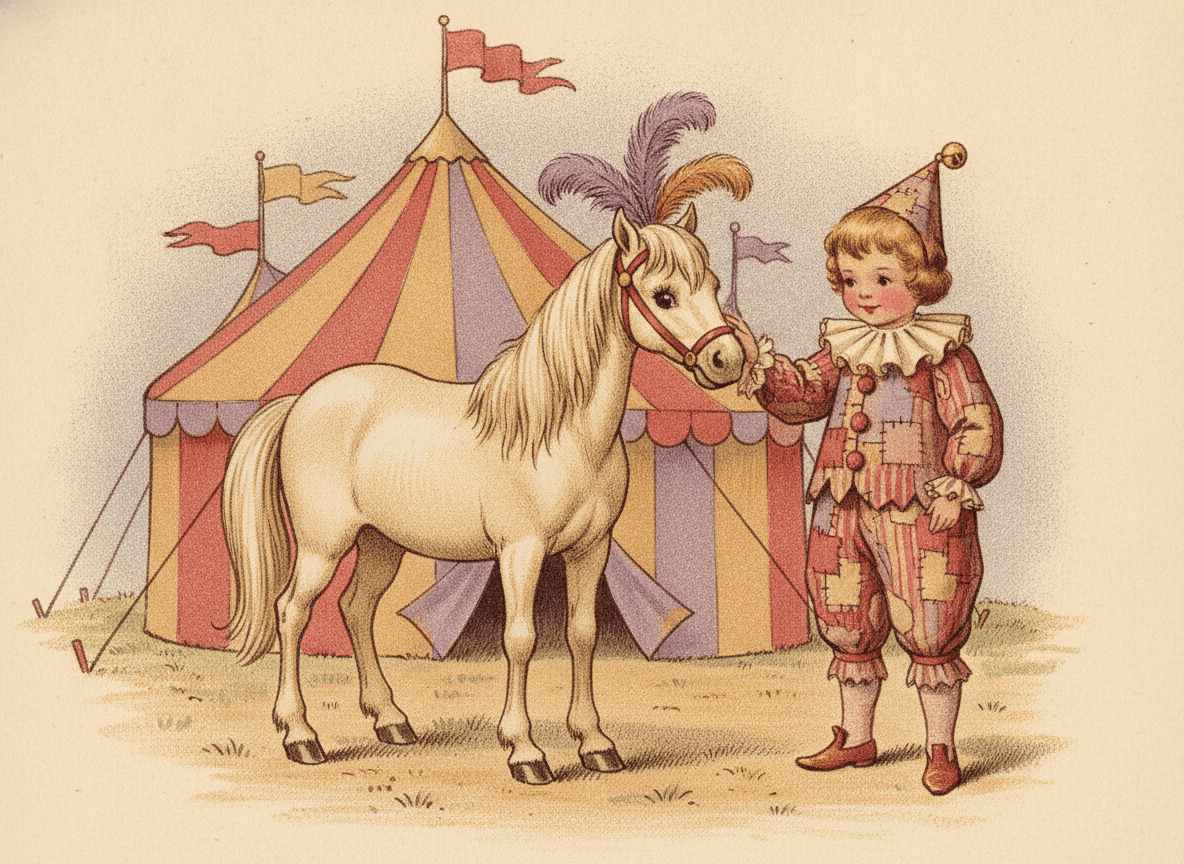 Classic storybook style illustration of a child in a circus costume petting a friendly pony beside a colorful big-top tent with flags