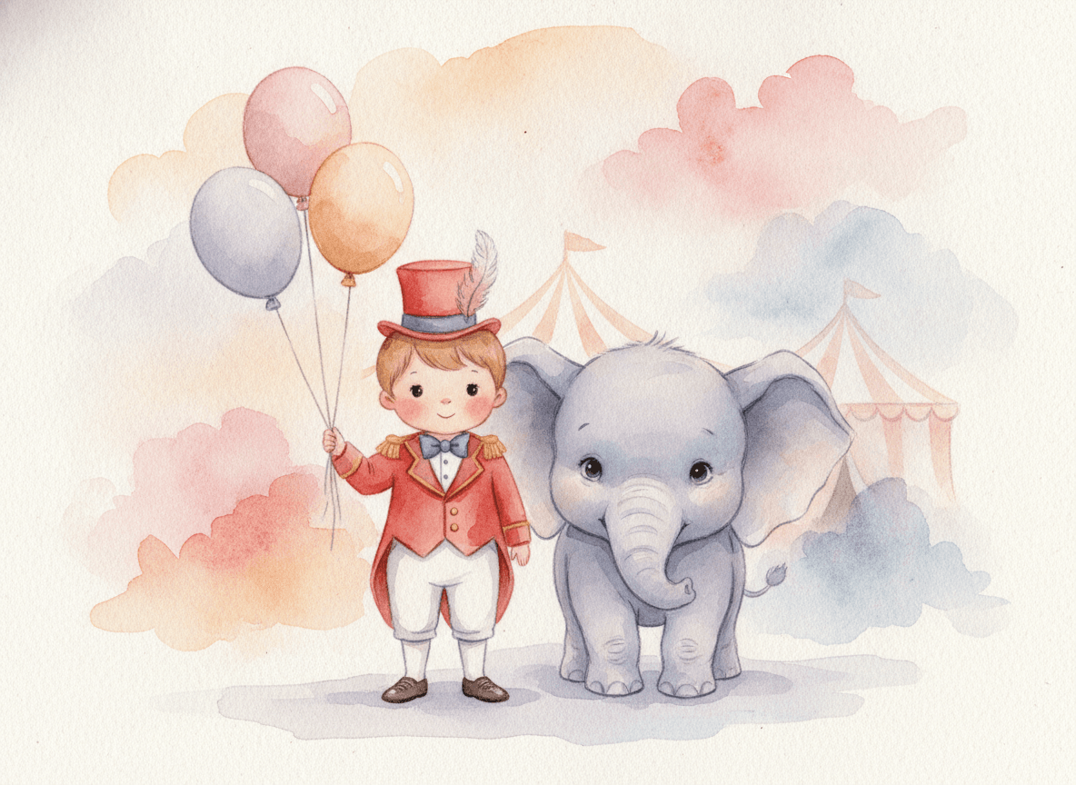 Watercolor style circus story illustration of a gentle child in a little ringmaster outfit holding a balloon beside a friendly baby elephant