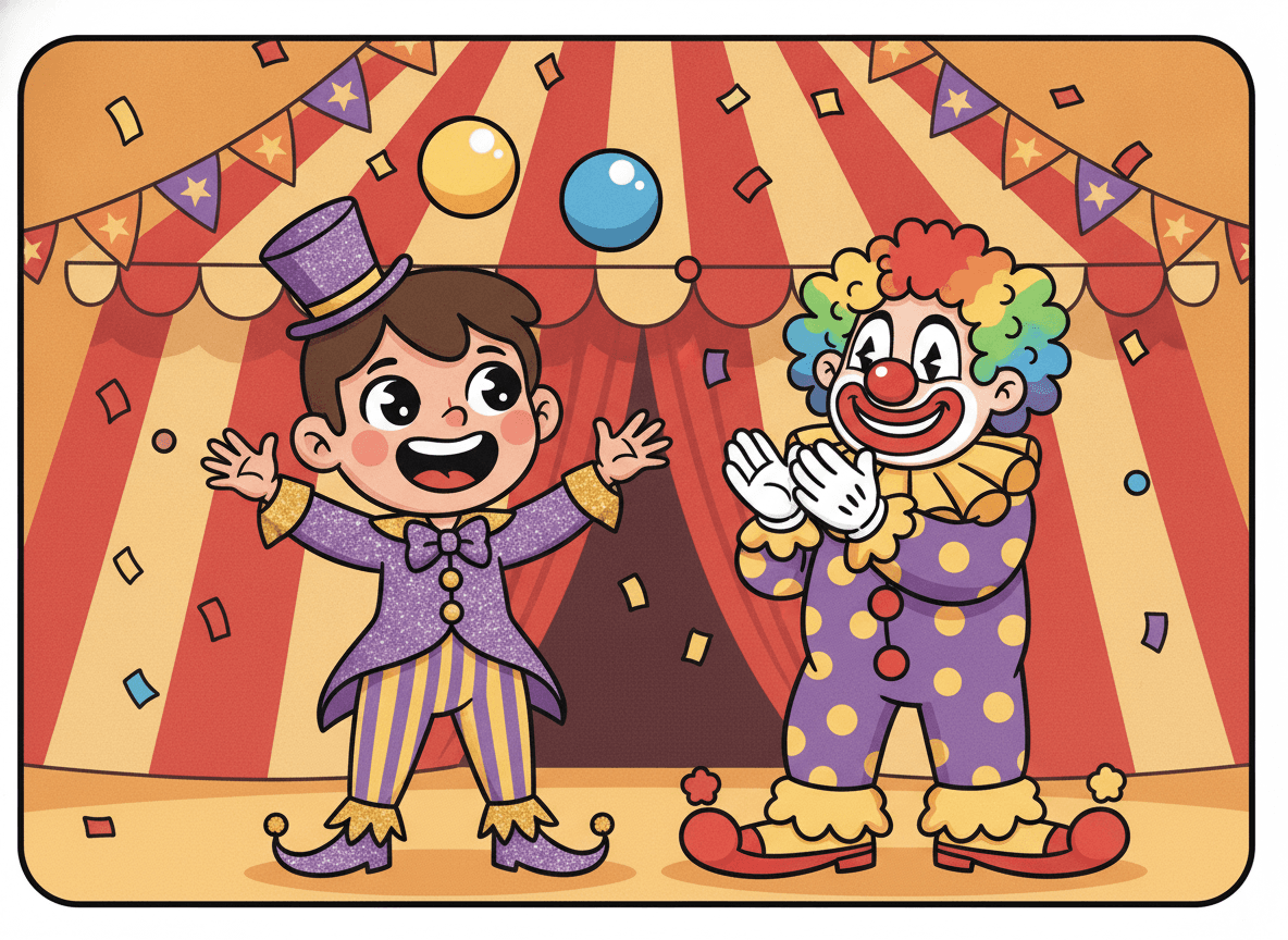 Cartoon style circus story illustration of a happy child in a sparkly performer costume juggling colorful balls with a friendly clown