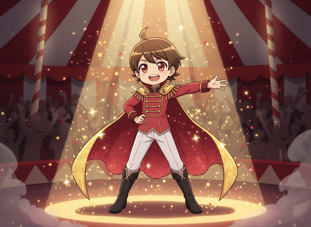 Anime style circus story illustration of a spirited child performer with a flowing cape posing under a golden spotlight in a big-top tent