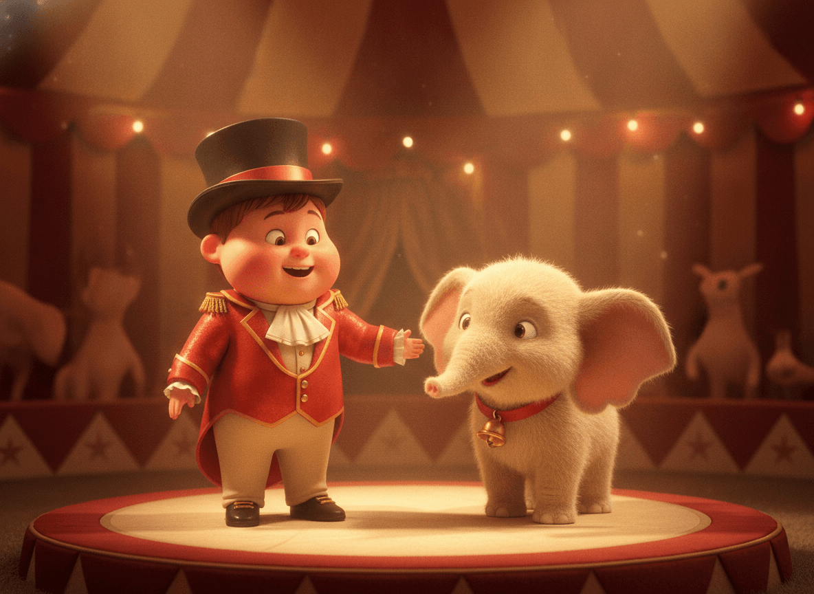 Cinematic 3D style circus story illustration of an adorable child in a ringmaster coat beside a cute fluffy baby elephant under warm spotlights