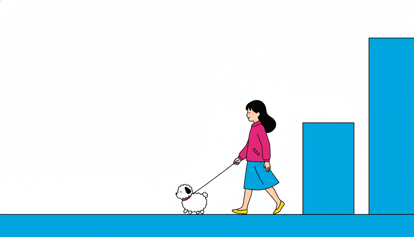 A girl walks a small white poodle along a city pavement, drawn in one even dark line. She wears a deep pink zip-up jacket, a bright blue knee-length skirt and yellow flat shoes, her dark hair tied back, and she is seen from the side mid-stride facing right. The whole left half of the picture is plain empty white with nothing drawn in it at all. Two plain cyan rectangles stand at the right as buildings, and a band of flat cyan runs along the bottom as the pavement. Every colour is one flat even area, nothing glows and nothing casts a shadow