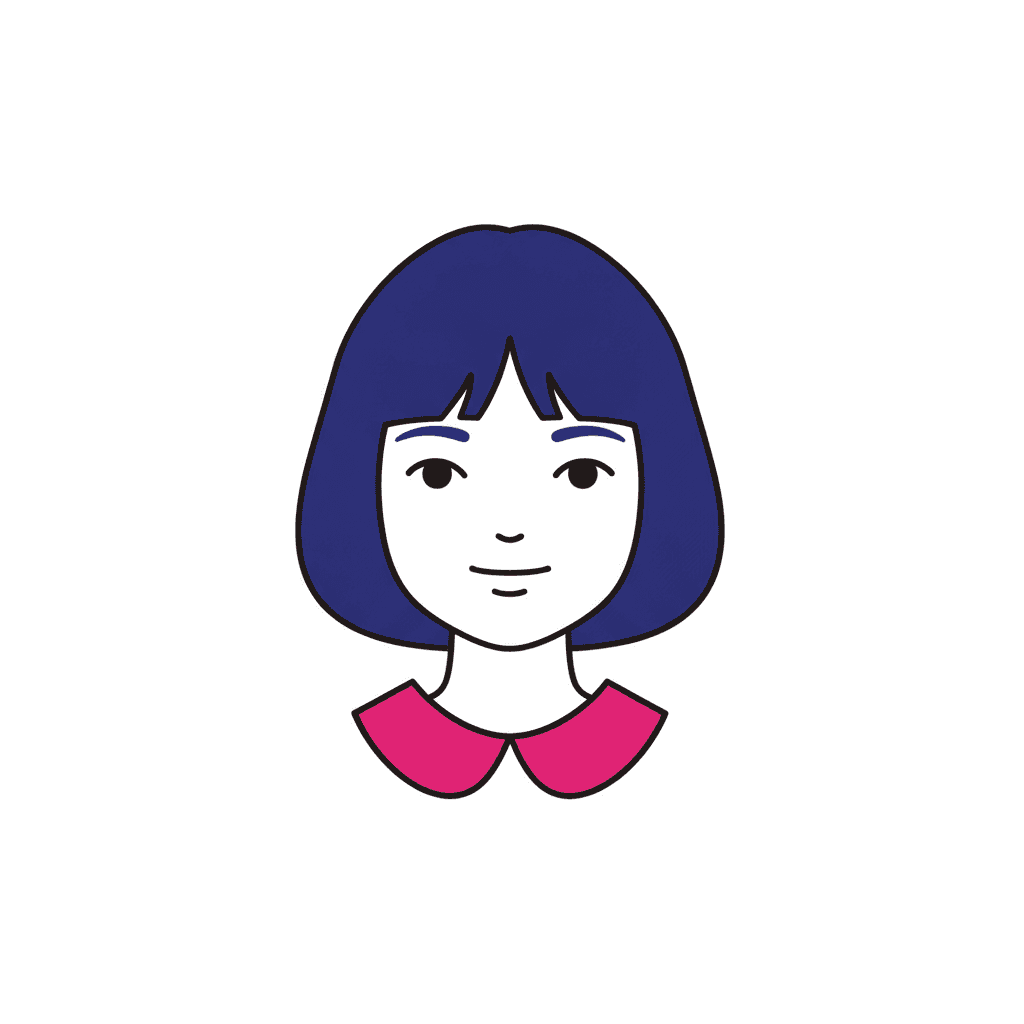 A girl's head drawn close up in the middle of a plain white square, with a wide deep pink collar below it and no body drawn underneath. Her hair is one large flat shape of dark navy blue cut in a blunt fringed bob, her face is left plain white with only a few small marks for the eyes, eyebrows, nose and a closed smile, and the whole drawing is held by a single dark outline of an even weight with no shading, no hatching and no change of thickness anywhere. The rest of the square is empty white