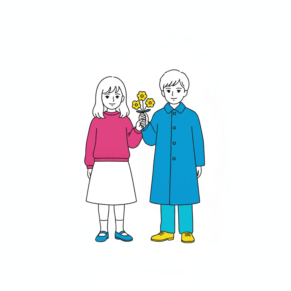 A girl in a deep pink jumper and a white skirt stands beside a boy in a bright blue buttoned coat and cyan trousers, both drawn in one even line with clear simple silhouettes, and between them they hold up a small bunch of three flat yellow flowers on green stems. Her shoes are blue and his are yellow, and the two garment colours sit directly against each other. Everything else in the square is plain empty white, with no wall, no floor, no horizon and no furniture, and neither child casts a shadow