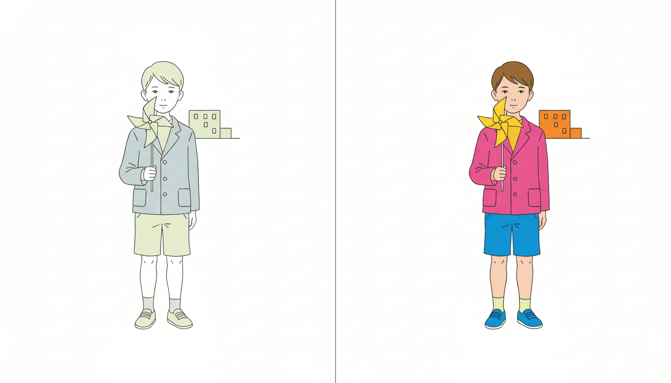 One wide picture split down the middle by a thin vertical line, showing the same boy drawn twice in identical line work, holding the same yellow paper windmill, with the same large amount of plain white page left open around him on both sides. In the left half he is coloured only in pale chalky tints: a soft grey-blue jacket, pale oatmeal shorts, pale hair and pale shoes, with a small grey-green block building behind him. In the right half the identical drawing is coloured in deep pink for the jacket, bright blue for the shorts, brown hair and blue shoes, with an orange block building behind him. The pose, the line and the proportion of empty page are the same on both sides, and only the strength of the colour has changed