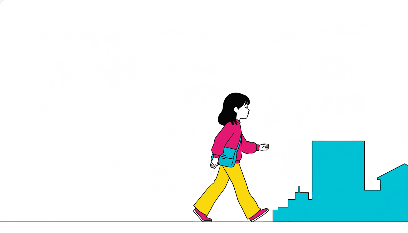 A girl walks alone across a mostly empty white page, seen from the side in profile facing right and caught mid-stride with one leg forward and one behind. She wears a deep pink jumper, bright yellow trousers and pink shoes, carries a flat cyan shoulder bag across her body, and her dark hair is cut in a chin-length bob. Flat cyan block shapes stand along the right edge as city buildings, and a single thin line runs along the bottom as the pavement. The whole left half of the picture and all the space above her is plain empty white with nothing drawn in it, and she casts no shadow