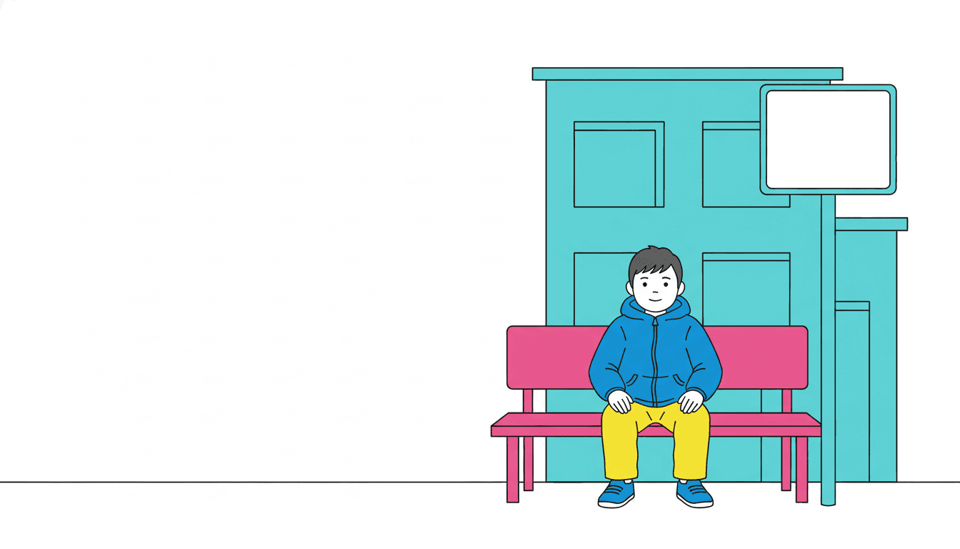 A boy sits alone on a flat deep pink bench at a city bus stop, wearing a bright blue hooded coat, yellow trousers and blue shoes, his hands resting on his knees and his face calm. A flat pale teal building with plain outlined windows stands behind him, and a bus stop sign with a completely blank white panel carrying no writing stands at the right. The whole left half of the picture is plain empty white, broken only by a single thin line marking the pavement. Everything is lit flatly and evenly: no light falls across the ground, and neither the bench, the sign nor the boy casts a shadow