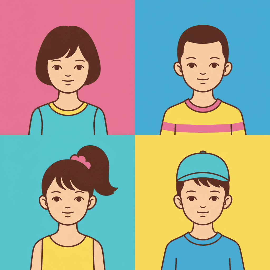 A two-by-two grid of four equal squares, each a different flat colour holding the head and shoulders of one child drawn in an even brown outline. On a pink field, a girl with a dark brown bob in a teal top with a yellow neckband. On a blue field, a boy with short cropped hair in a yellow top with a pink stripe across it. On a teal field, a girl with a high ponytail tied with a pink band, in a yellow top. On a yellow field, a boy in a pale blue cap and a blue top. All four face forward with calm friendly faces built from a few simple marks, every colour is one flat even area, and none of them casts a shadow