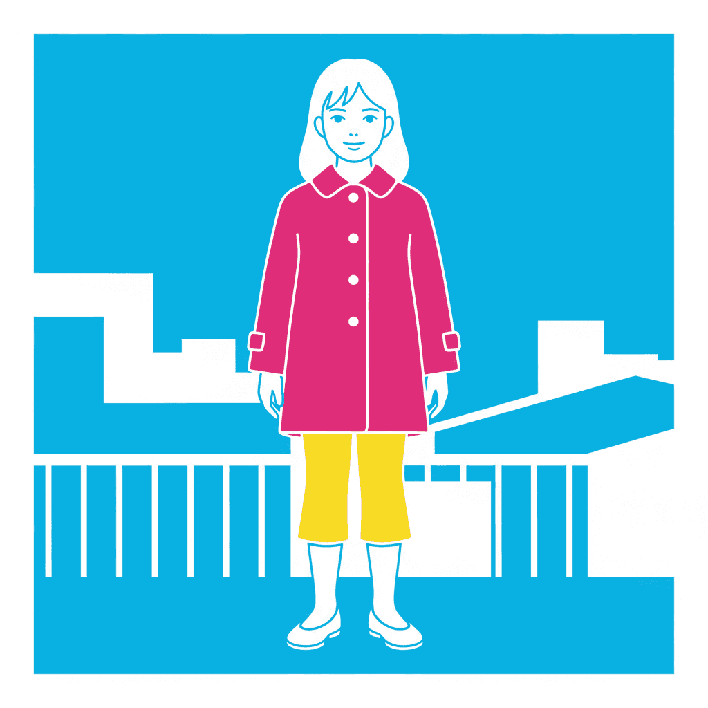 A girl standing squarely facing forward in the centre of a square filled with flat bright blue. She wears a deep pink buttoned coat with a round collar and turned-back cuffs, bright yellow trousers and white shoes, and her hair, face and shoes are drawn as white shapes outlined against the blue rather than filled with colour. Behind her the city is drawn as flat white block shapes and a white railing cut straight out of the blue field. A plain white border runs around the outside of the picture. Nothing is shaded, nothing glows and nothing casts a shadow