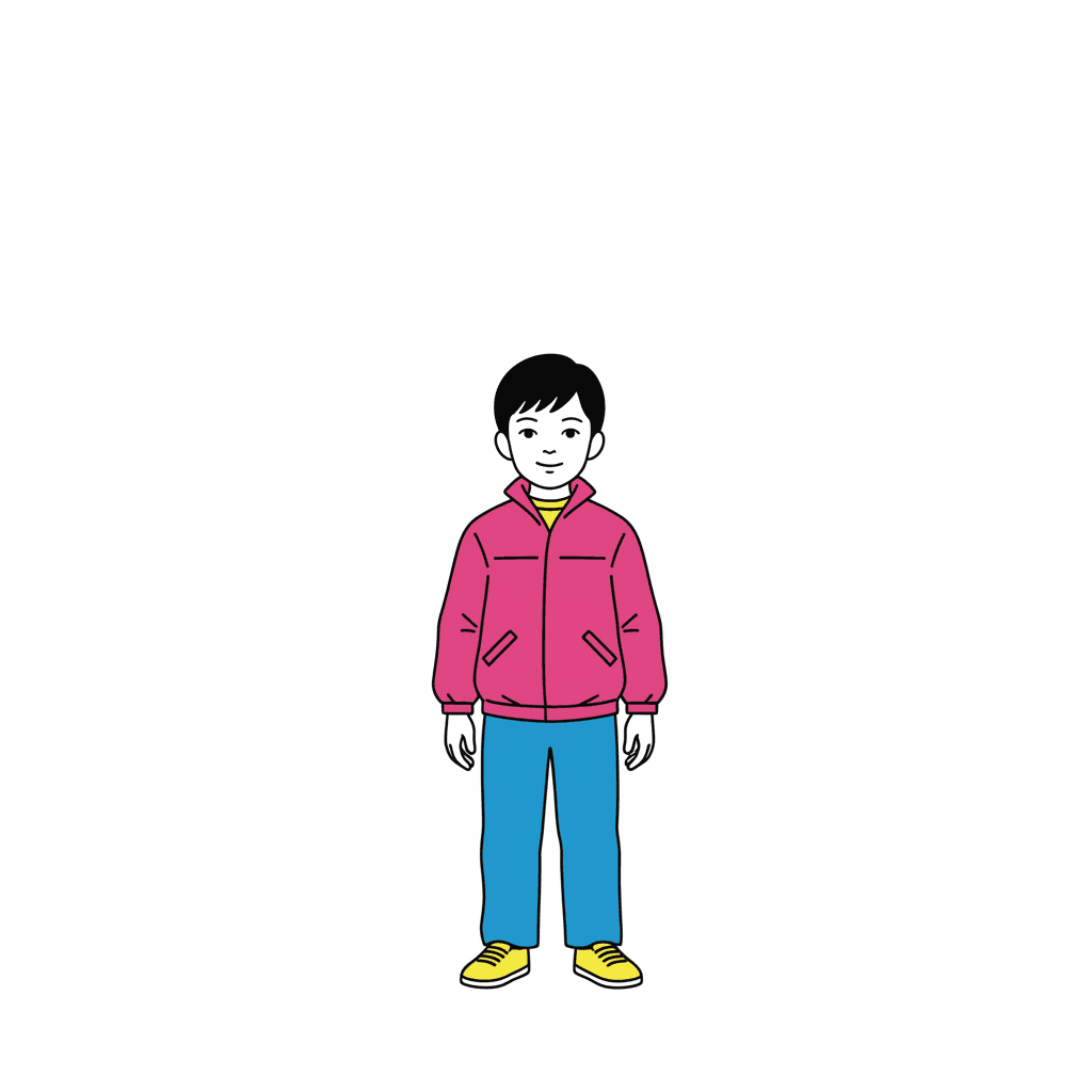 One boy standing alone and small in the lower middle of an otherwise completely empty white square. He wears a deep pink zip-up jacket over a yellow top, bright blue trousers and yellow shoes, his arms down by his sides, his dark hair short and his face calm, all drawn in one even dark line. The three garment colours sit directly against one another at full strength. There is no floor, no horizon, no ground line and nothing else drawn anywhere in the picture, and he casts no shadow and sits in no pool of shading