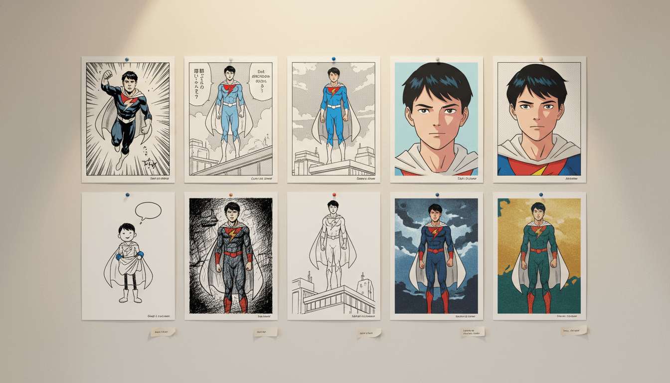 A studio wall of comic book art styles — the same original character drawn in superhero ink, manga screentone, anime cel, clear-line, webtoon colour and indie crosshatch