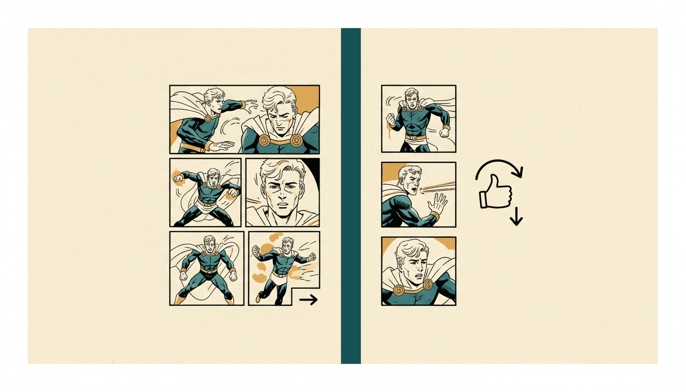 A printed comic page with a six-panel grid beside a tall vertical scroll strip with long gaps between panels